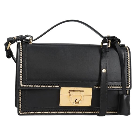 Salvatore Ferragamo Gancini Hand Bag Leather 2way Black Gold - Picture 1 of 16